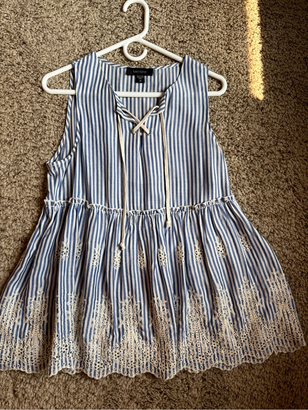 Karen Kane Blue & White Striped Lace-Trim Sleeveless Tunic
